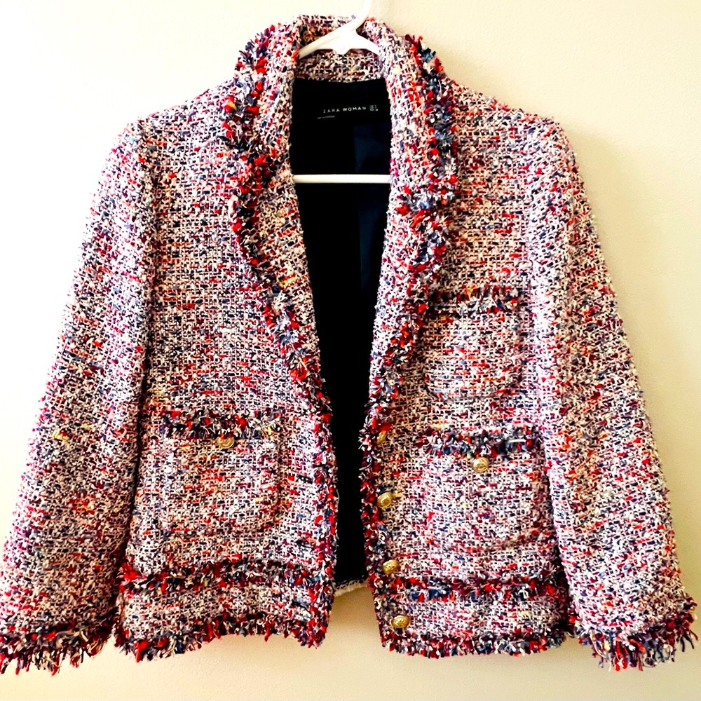 Zara Frayed Tweed Blazer Jacket Red White and Blue Boucle Button size medium